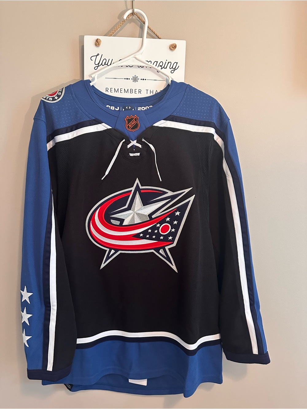 adidas Black and Blue Columbus Hockey Jersey for Kids